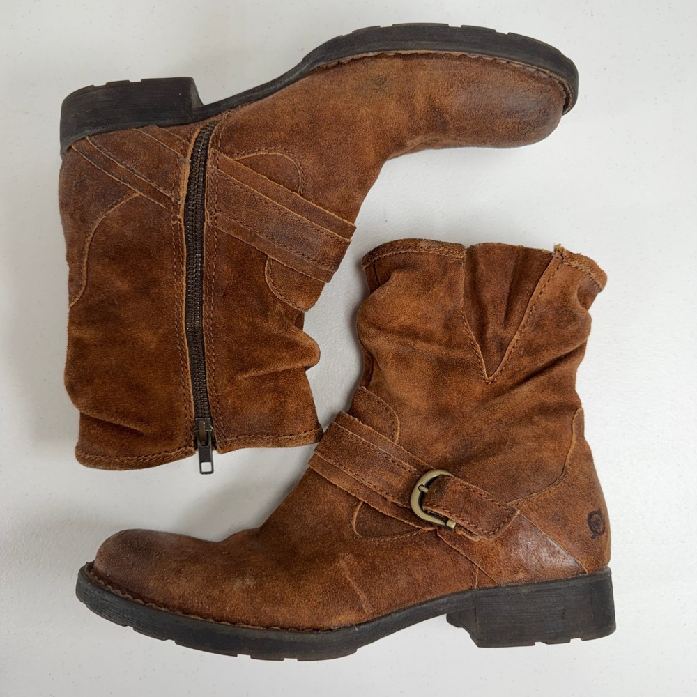 Born 8 Virgo Ankle Boots Brown Suede Slouchy Distressed Buckle Moto Rustic Fall - Picture 3 of 10